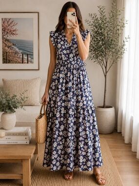 Eva Franco Women's Blue Floral Midi Dress with Pink Accents 4